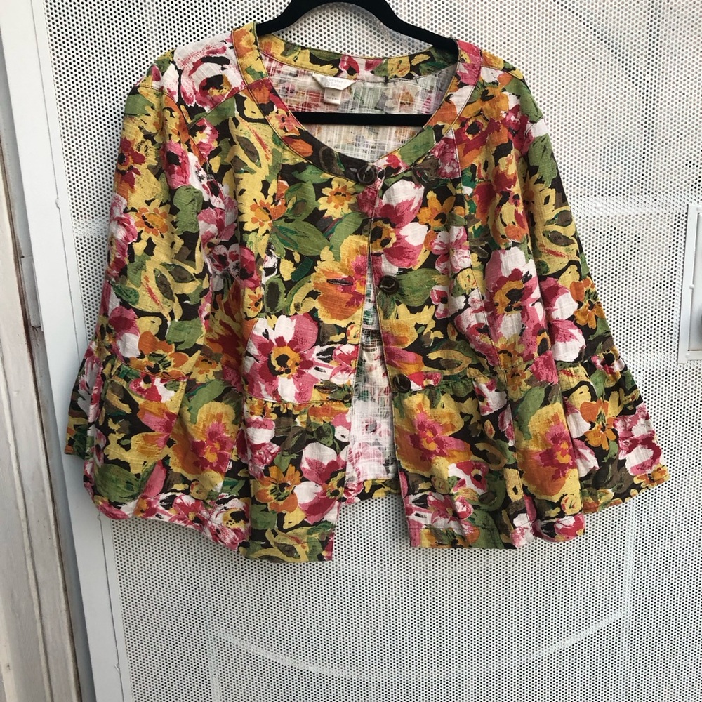 Christopher & Banks Floral Button-Front Tunic Jacket in Pink, Yellow & Green